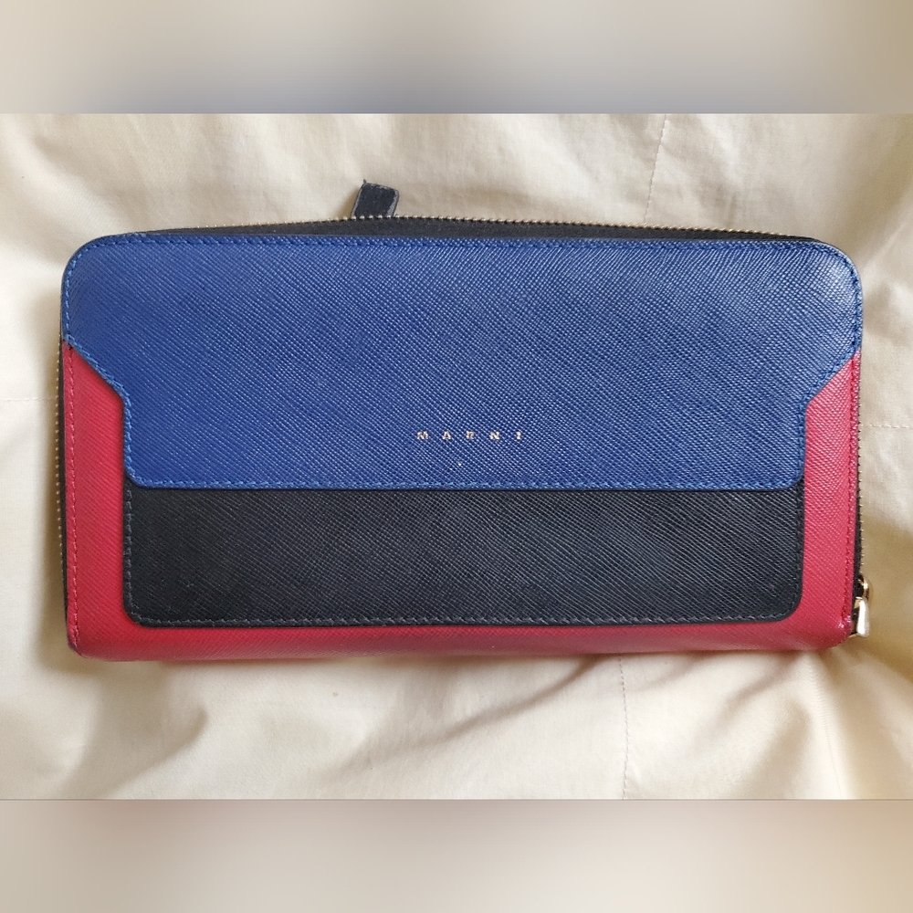 Marni Tricolor Leather Zip-Around Wallet in Blue, Black, and Red